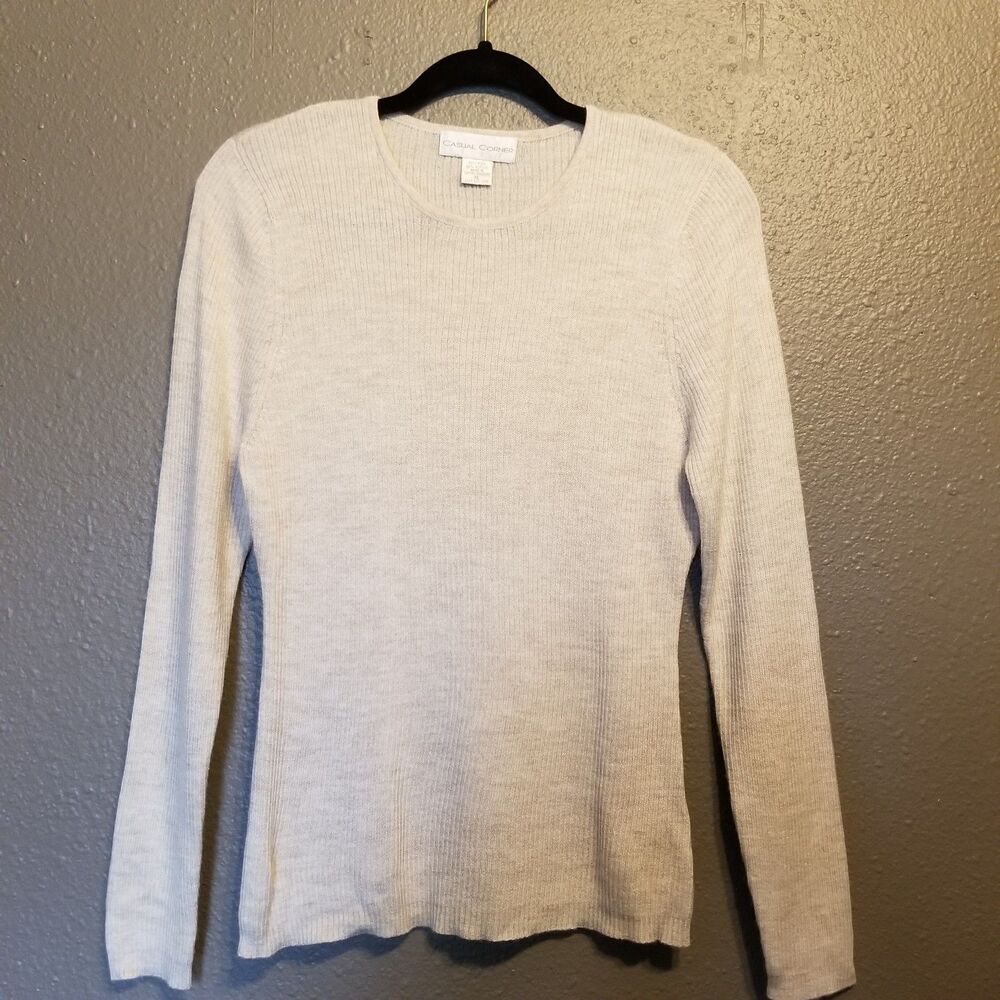 Casual Corner XL Sweater Wool Blend Oatmeal Beige Ribbed Knit Lightweight Layer